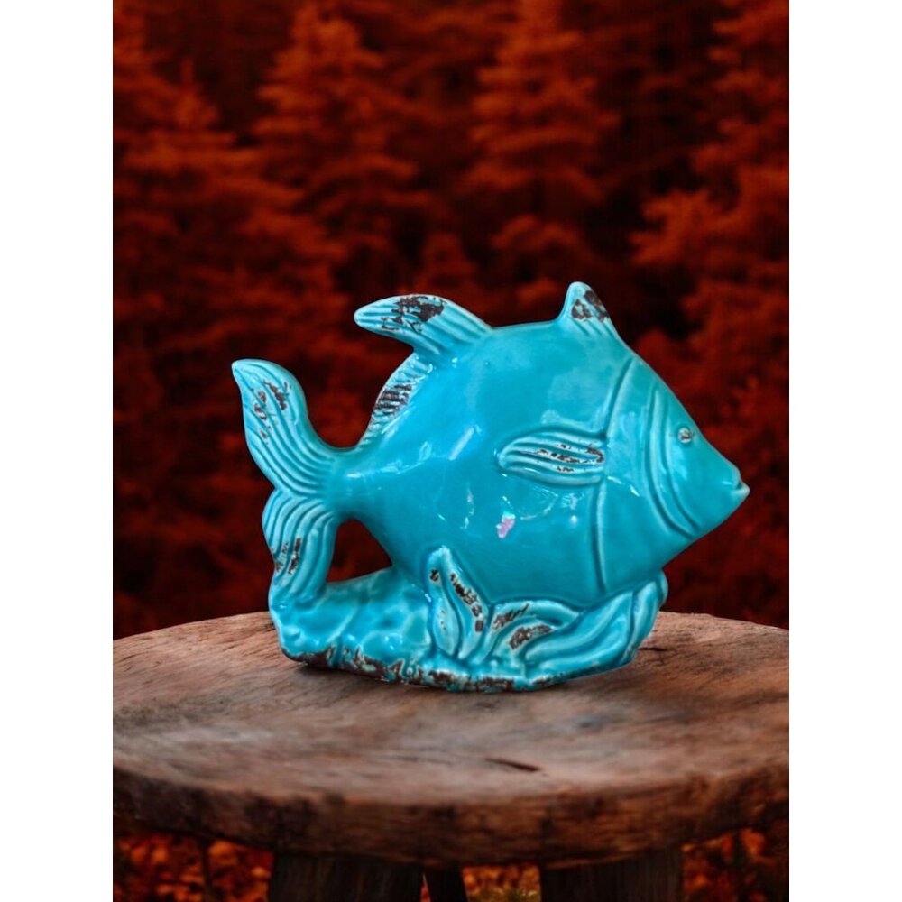 Vintage Benzara Turquoise Ceramic Fish Figurine Beach House Decor